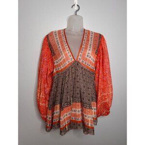 Free People Sheer Flowy Boho Multicolored Floral Peasant Long Sleeve Blouse XS